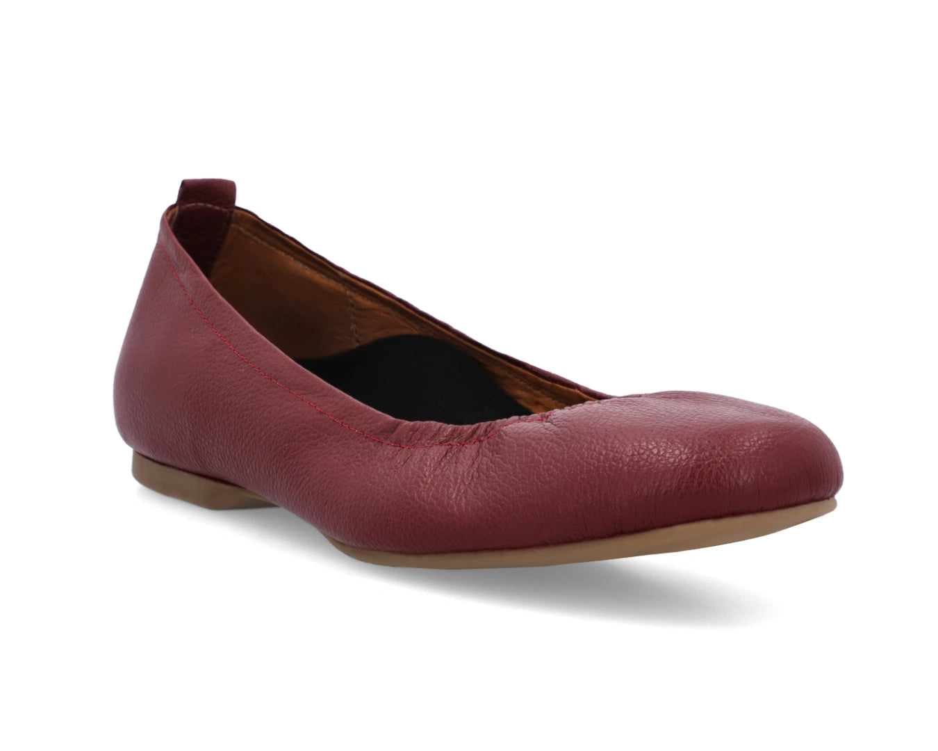 Three-quarter front view of Burgondy Full-Grain Leather-Ballet Flats with a semi-round toe and removable BLACK FlexiComfort orthotic for flat feet.
