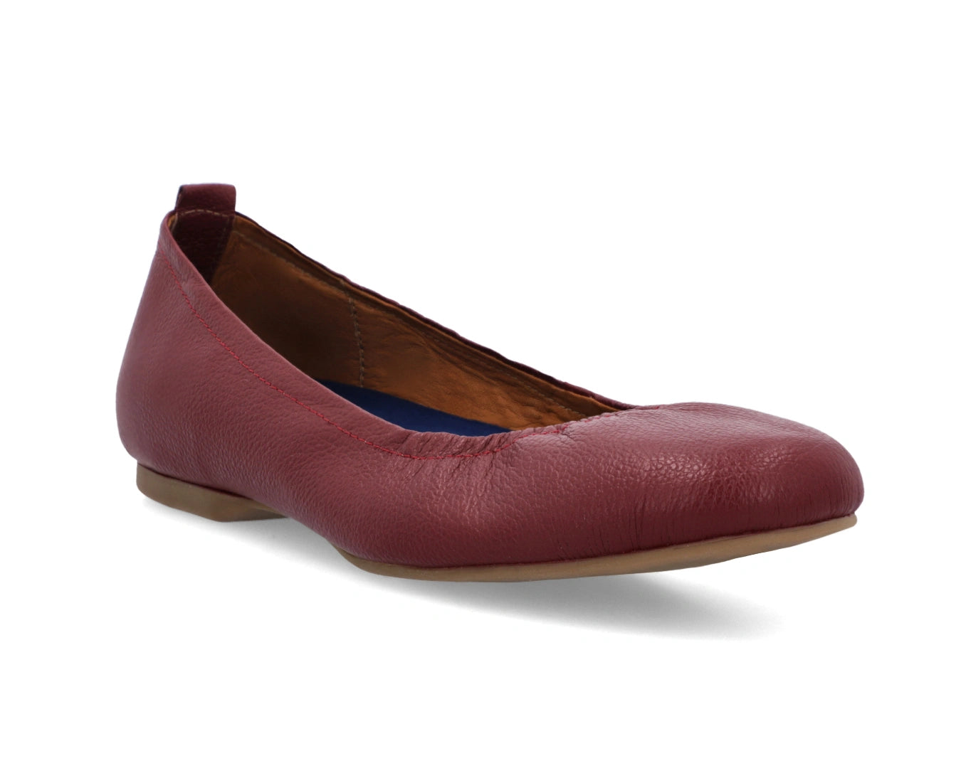 Three-quarter front view of Burgondy Full-Grain Leather Ballet Flats with a semi-round toe and removable BLUE ComfortFlex orthotic for feet without problems.