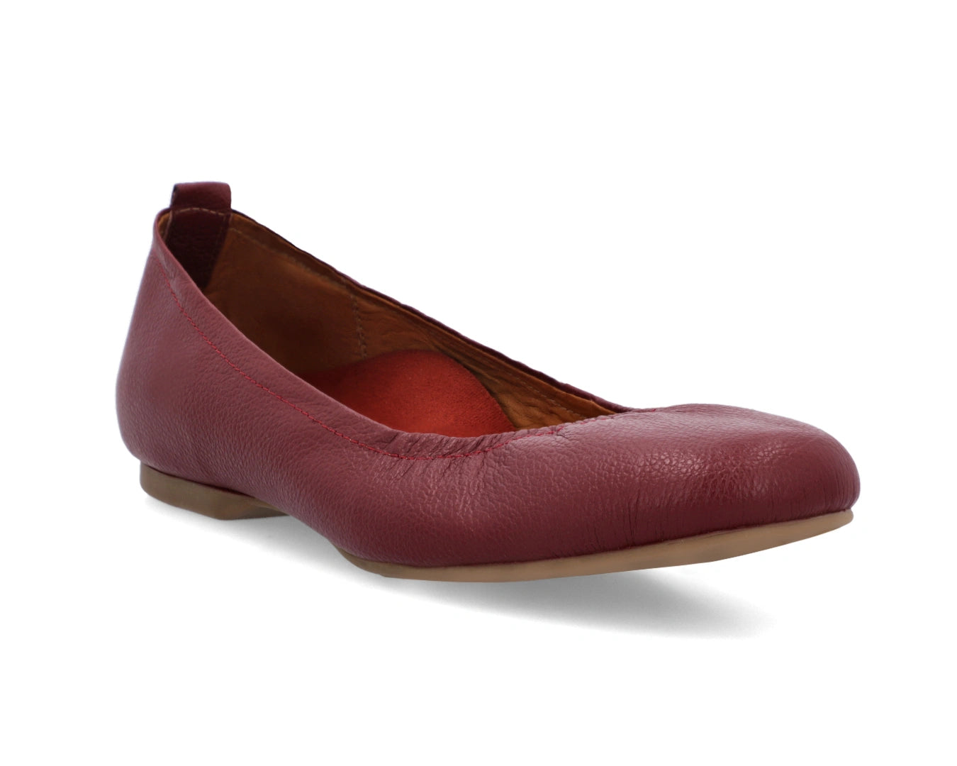 Three-quarter front view of Burgondy Full-Grain Leather Ballet Flats with a semi-round toe and removable RED ArchSupport orthotic for flat feet, calcaneal spurs, and plantar fasciitis.