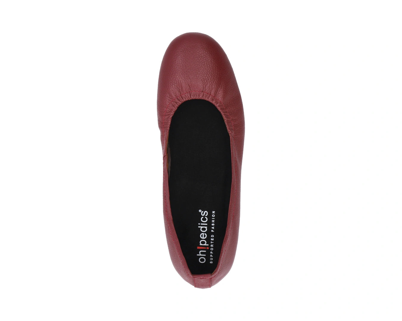 Top view of Burgondy Full-Grain Leather Ballet Flats with a semi-round toe and removable BLACK FlexiComfort orthotic for flat feet.