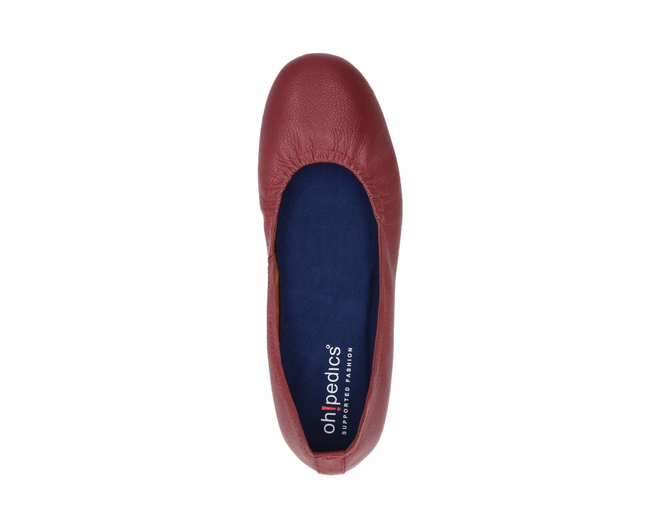 Top view of Burgondy Full-Grain Leather Ballet Flats with a semi-round toe and BLUE ComfortFlex orthotic for feet without problems.