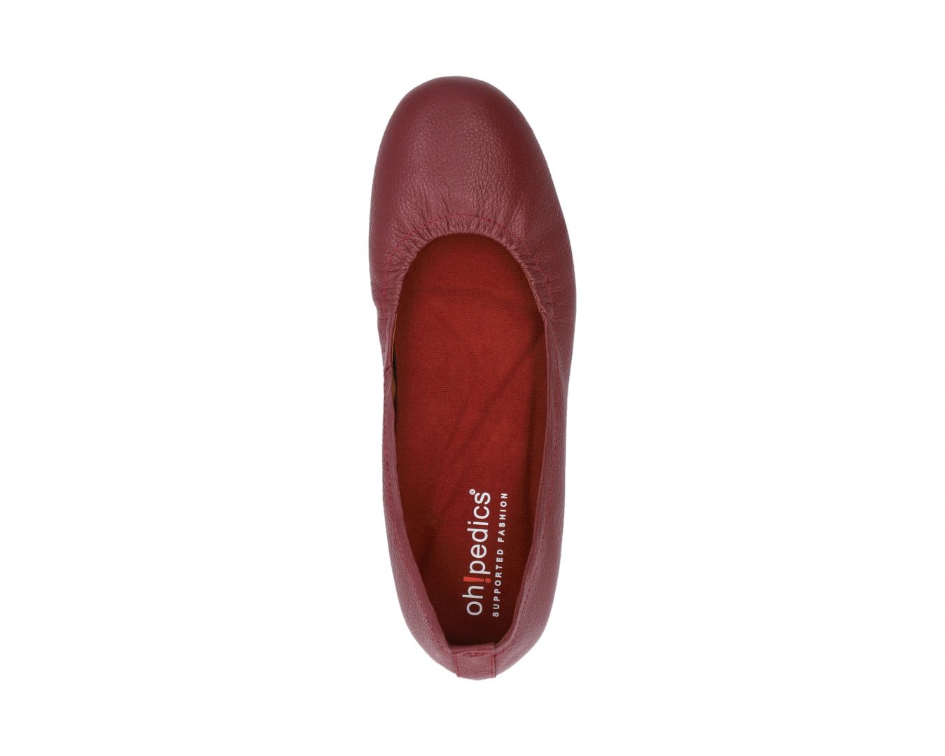 Top view of Burgondy Full-Grain Leather Ballet Flats with a semi-round toe and RED ArchSupport orthotic for flat feet, calcaneal spurs, and plantar fasciitis.