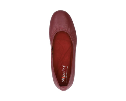 Top view of Burgondy Full-Grain Leather Ballet Flats with a semi-round toe and RED ArchSupport orthotic for flat feet, calcaneal spurs, and plantar fasciitis.