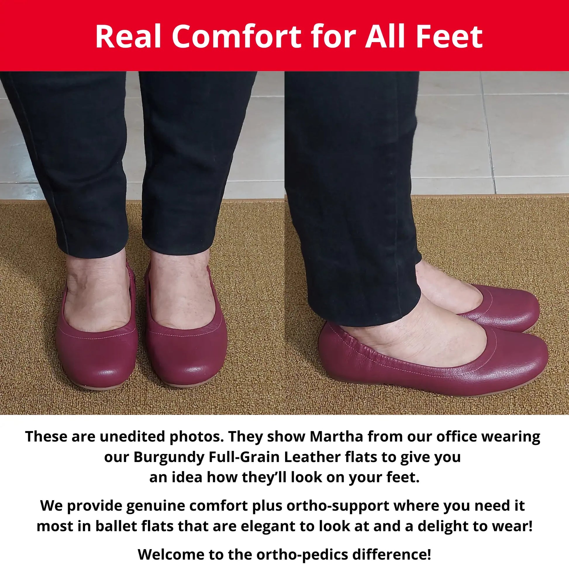 Martha from our office wearing Burgondy Full Grain leather orthopedic ballet flats, showing a front and side view. The image also includes descriptive text highlighting the genuine comfort, ortho-support, and elegant style of these flats.