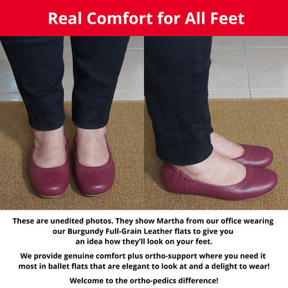 Martha from our office wearing Burgondy Full Grain leather orthopedic ballet flats, showing a front and side view. The image also includes descriptive text highlighting the genuine comfort, ortho-support, and elegant style of these flats.
