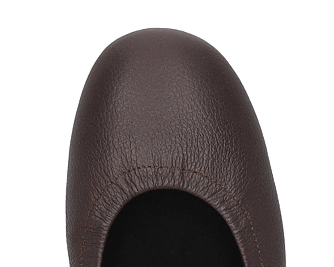 Close-up of the Full-Grain leather on Chocolate Brown Ballet Flats with removable BLACK FlexiComfort orthotic for flat feet.