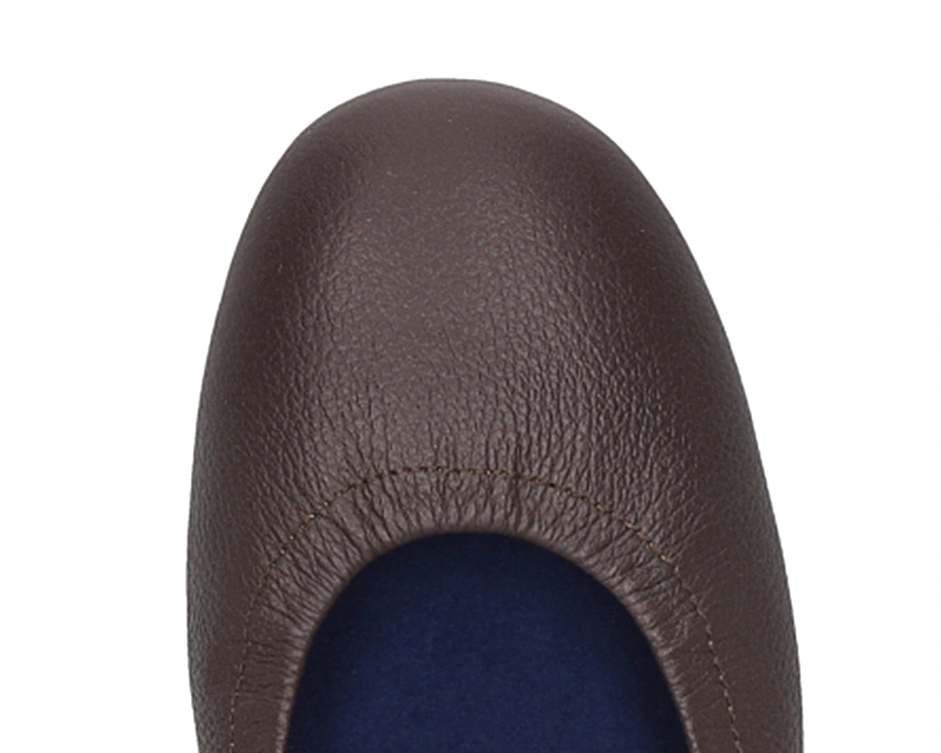 Close-up of the Full-Grain leather on Chocolate Brown Ballet Flats with removable BLUE ComfortFlex orthotic for feet without problems.