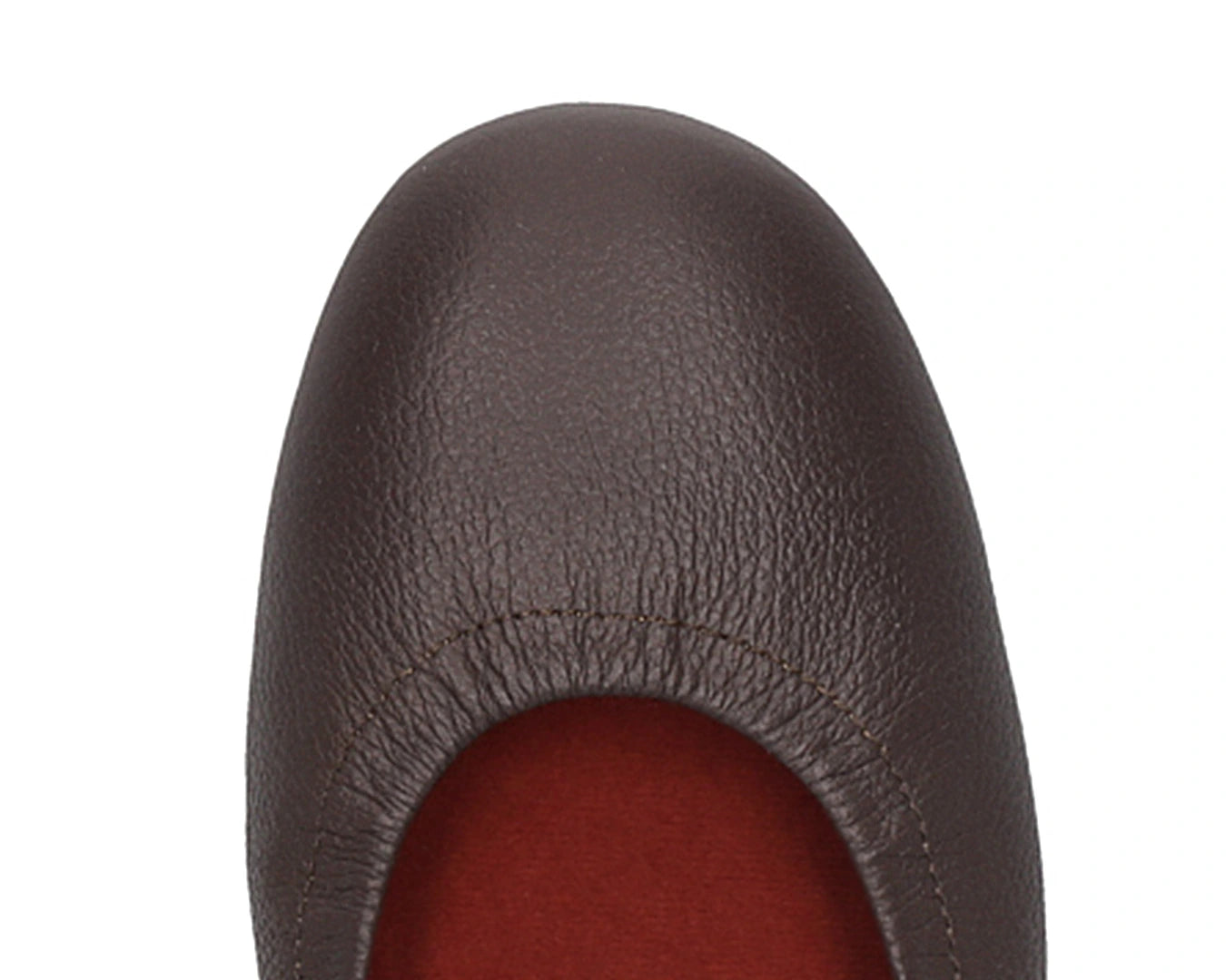 Close-up of the Full-Grain leather on Chocolate Brown Ballet Flats with removable RED ArchSupport orthotic for flat feet, calcaneal spurs, and plantar fasciitis.