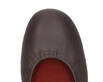 Close-up of the Full-Grain leather on Chocolate Brown Ballet Flats with removable RED ArchSupport orthotic for flat feet, calcaneal spurs, and plantar fasciitis.