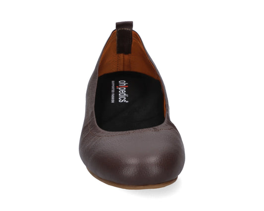 Front view of Chocolate Brown Full-Grain Leather Ballet Flats with a semi-round toe and BLACK FlexiComfort orthotic for flat feet.