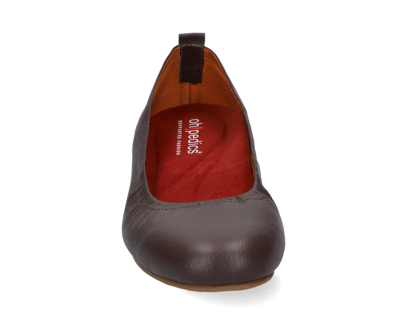 Front view of Chocolate Brown Full-Grain Leather Ballet Flats with a semi-round toe and RED Arch Support orthotic for flat feet, calcaneal spurs, and plantar fasciitis.