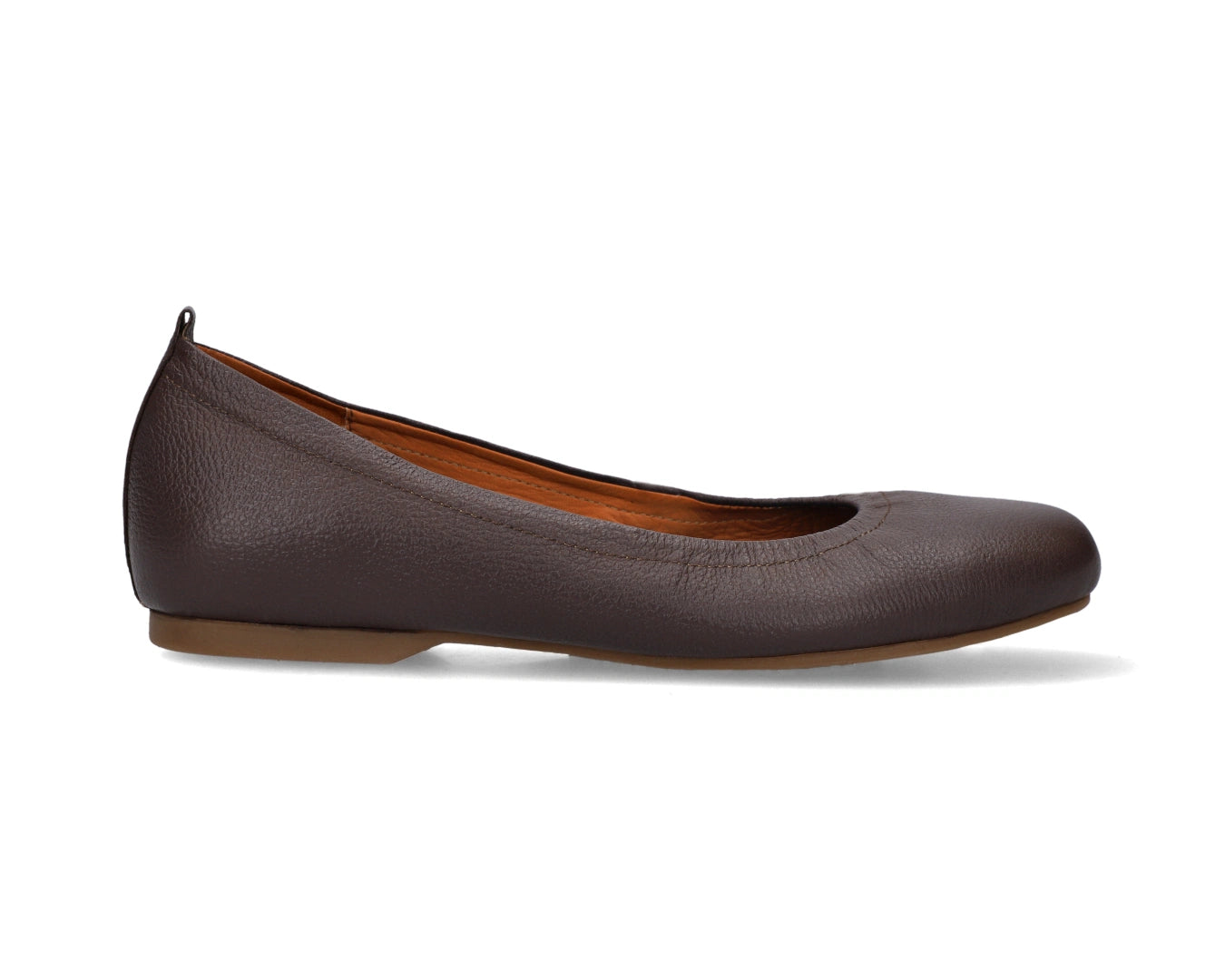 Side view of Chocolate Brown Full-Grain  Leather Ballet Flats showcasing a semi-round toe.