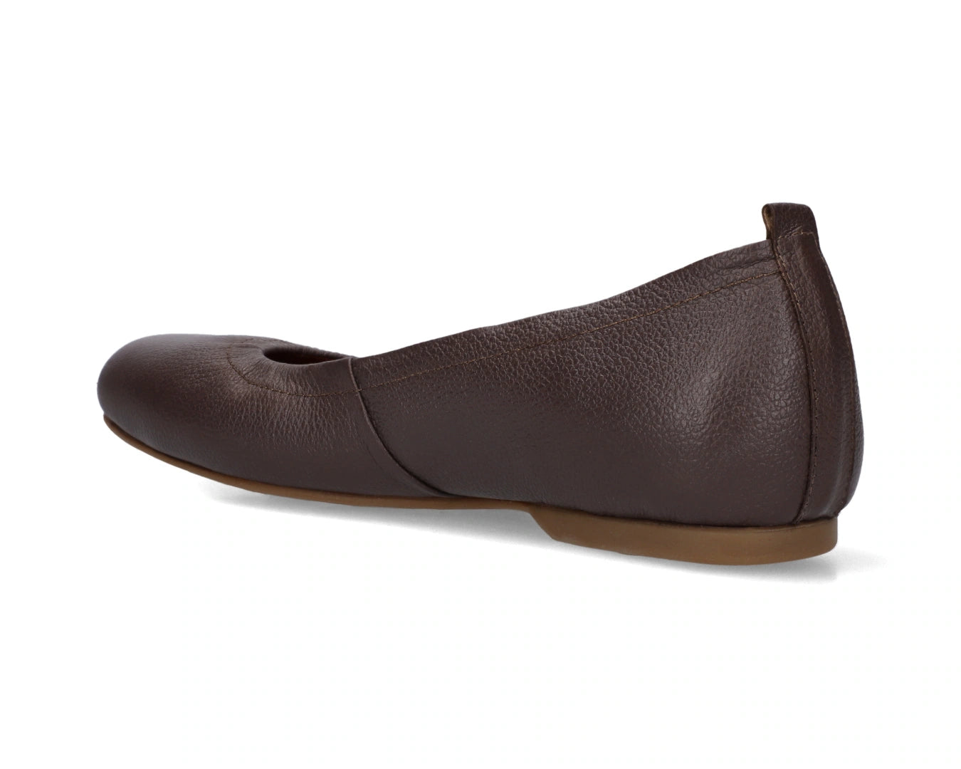 Three-quarter back view of Chocolate Brown Full-Grain Leather Ballet Flats with a semi-round toe.