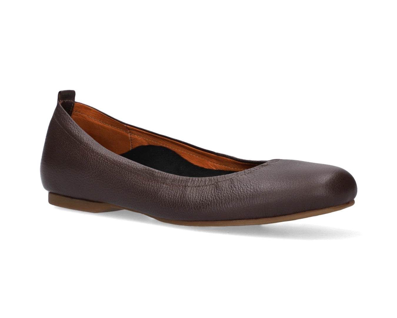 Three-quarter front view of Chocolate Brown Full-Grain Leather-Ballet Flats with a semi-round toe and removable BLACK FlexiComfort orthotic for flat feet.