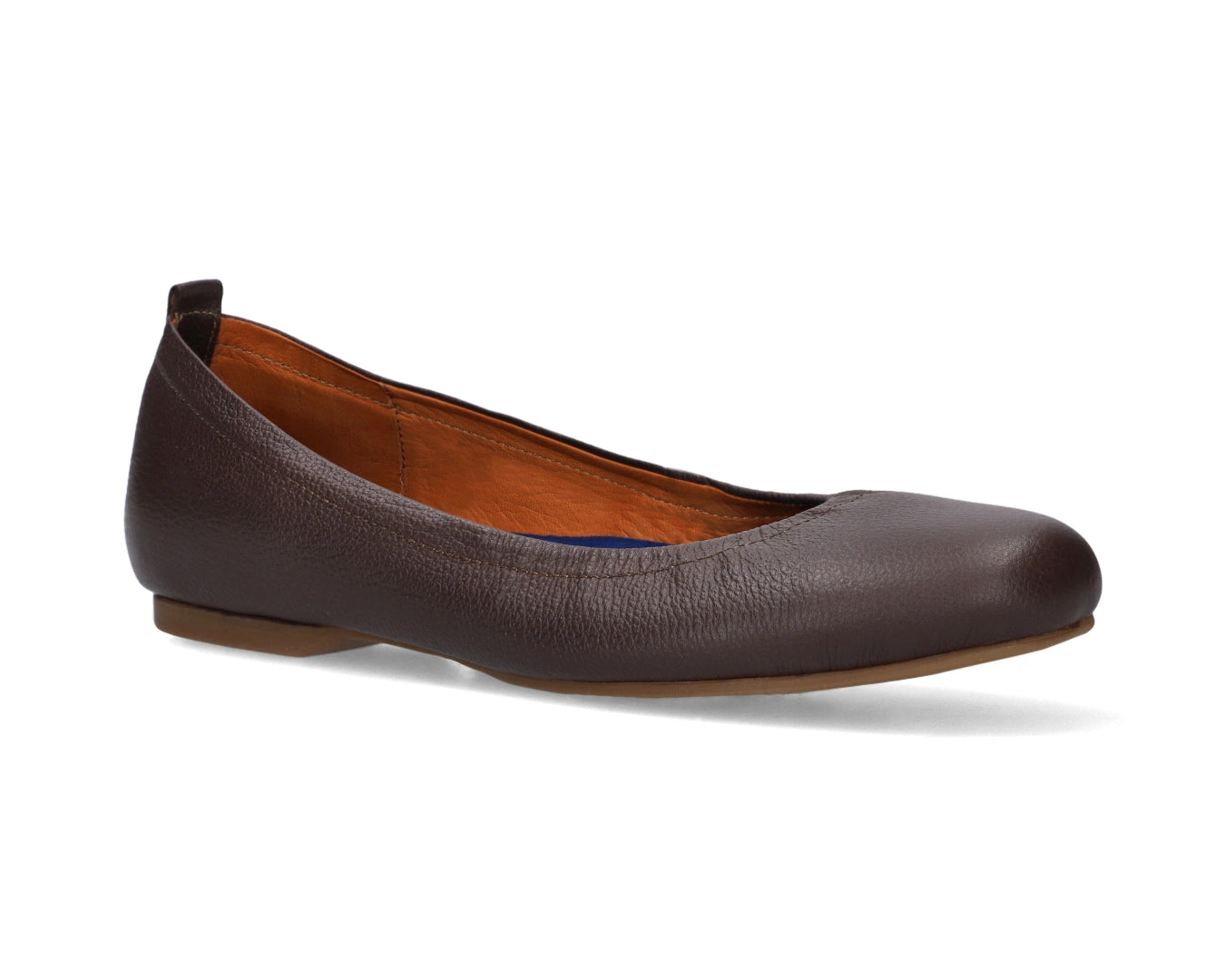 Three-quarter front view of Chocolate Brown Full-Grain Leather Ballet Flats with a semi-round toe and removable BLUE ComfortFlex orthotic for feet without problems.