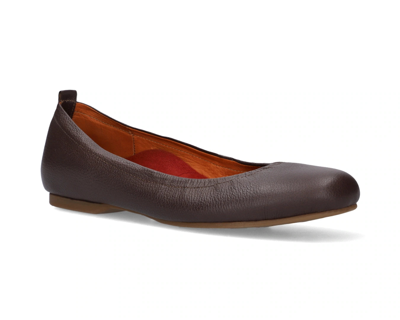 Three-quarter front view of Chocolate Brown Full-Grain Leather Ballet Flats with a semi-round toe and removable RED ArchSupport orthotic for flat feet, calcaneal spurs, and plantar fasciitis.