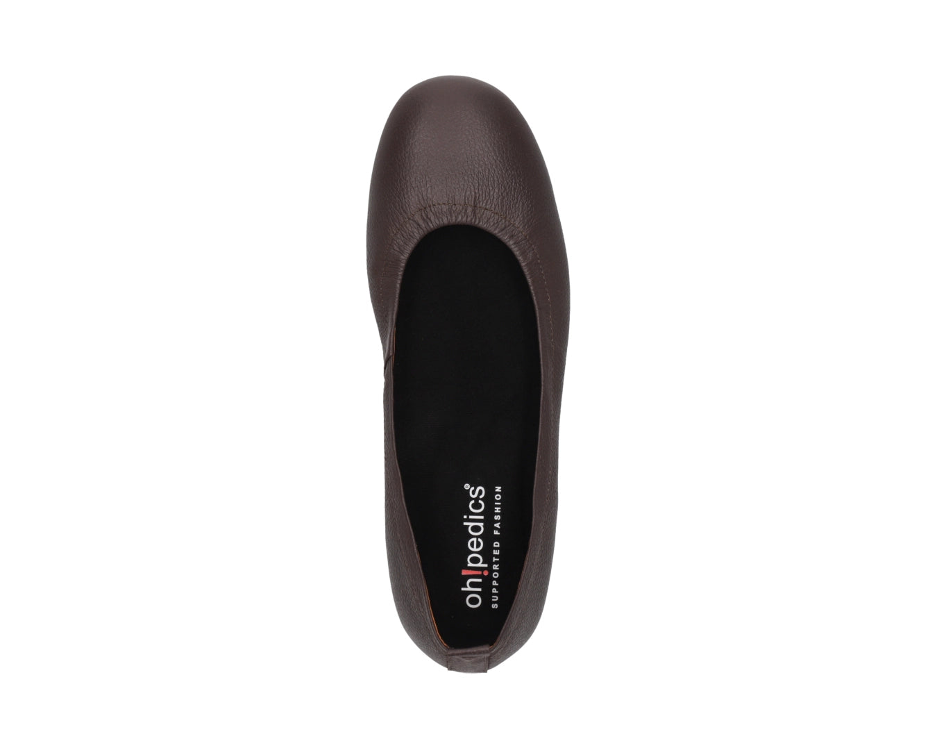 Top view of Chocolate Brown Full-Grain Leather Ballet Flats with a semi-round toe and removable BLACK FlexiComfort orthotic for flat feet.
