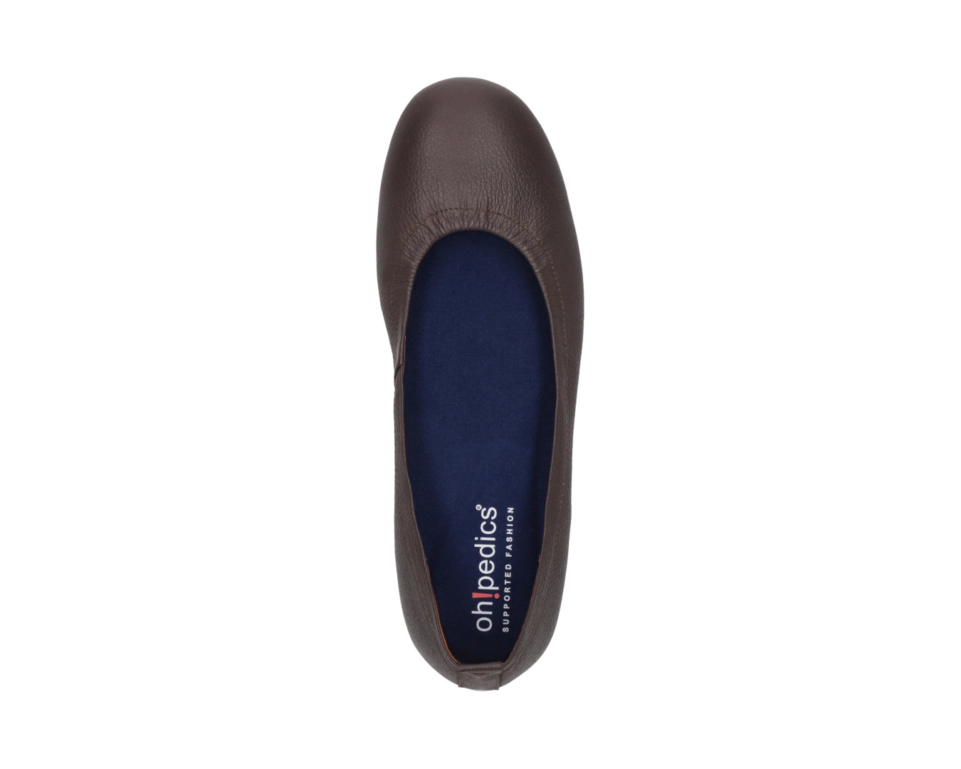 Top view of Chocolate Brown Full-Grain Leather Ballet Flats with a semi-round toe and BLUE ComfortFlex orthotic for feet without problems.