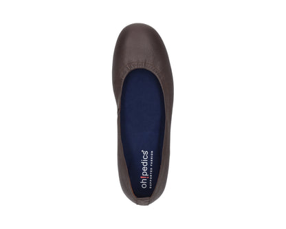Top view of Chocolate Brown Full-Grain Leather Ballet Flats with a semi-round toe and BLUE ComfortFlex orthotic for feet without problems.