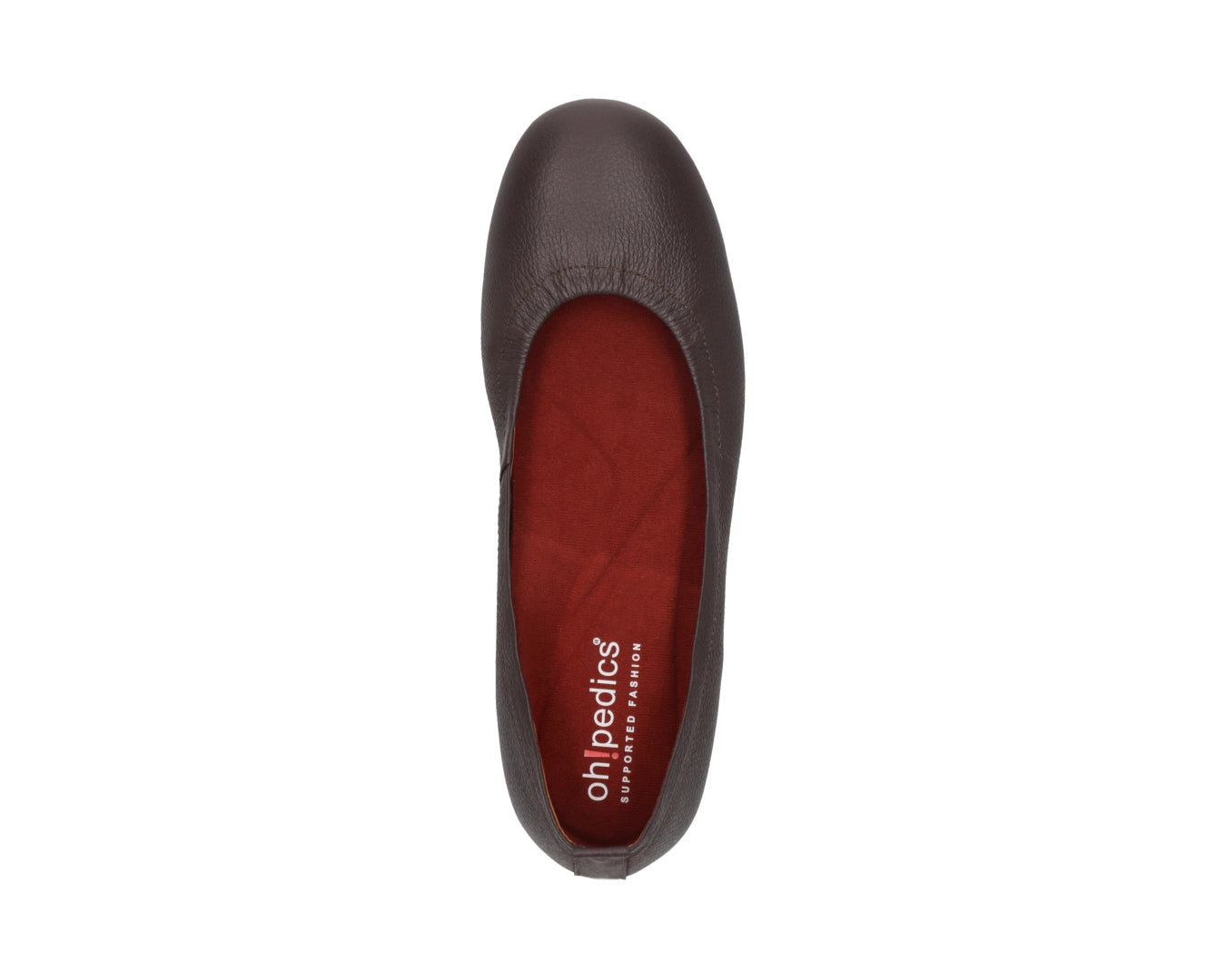 Top view of Chocolate Brown Full-Grain Leather Ballet Flats with a semi-round toe and RED ArchSupport orthotic for flat feet, calcaneal spurs, and plantar fasciitis.