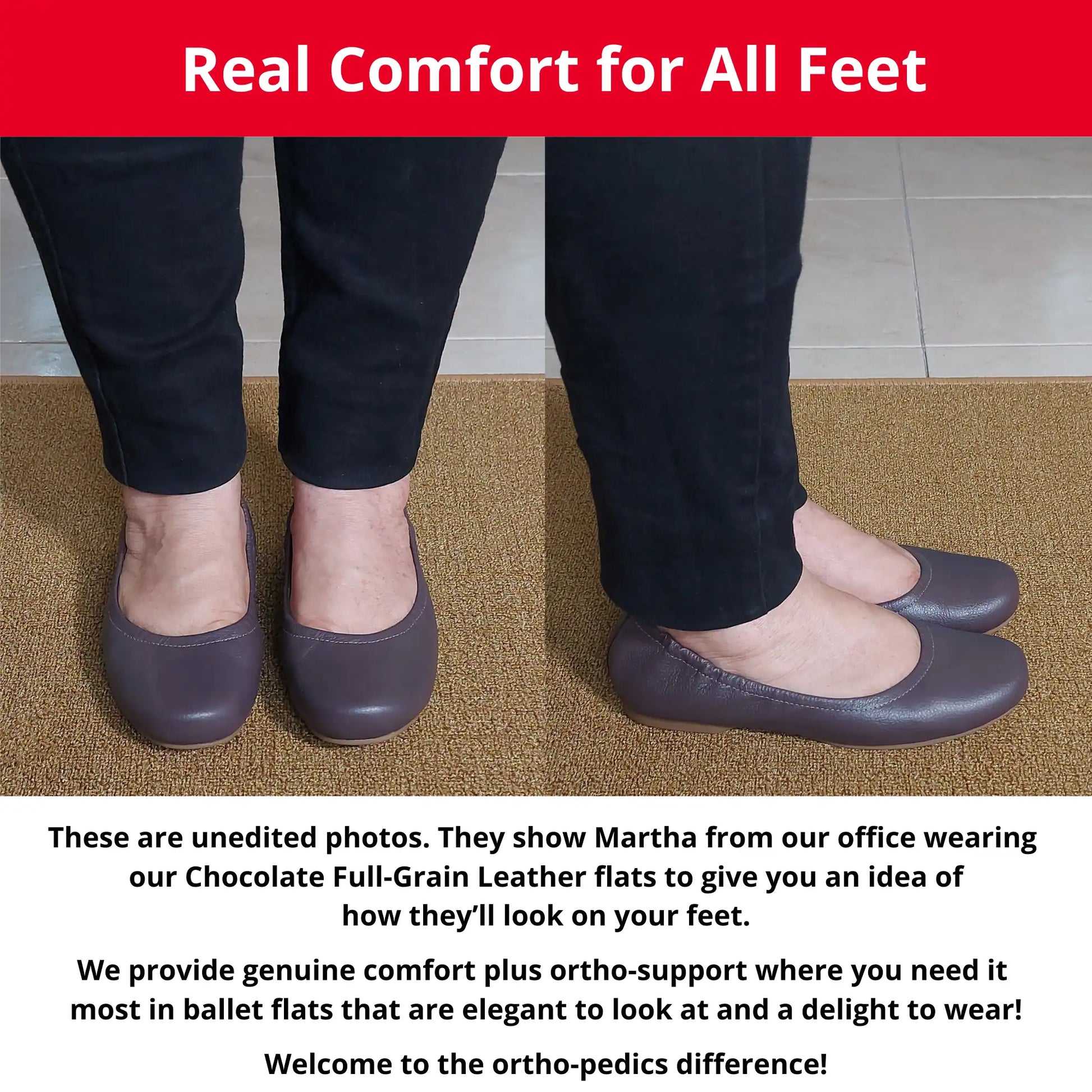 Martha from our office wearing Chocolate Full Grain leather orthopedic ballet flats, showing a front and side view. The image also includes descriptive text highlighting the genuine comfort, ortho-support, and elegant style of these flats.