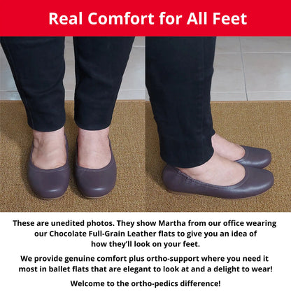 Martha from our office wearing Chocolate Full Grain leather orthopedic ballet flats, showing a front and side view. The image also includes descriptive text highlighting the genuine comfort, ortho-support, and elegant style of these flats.