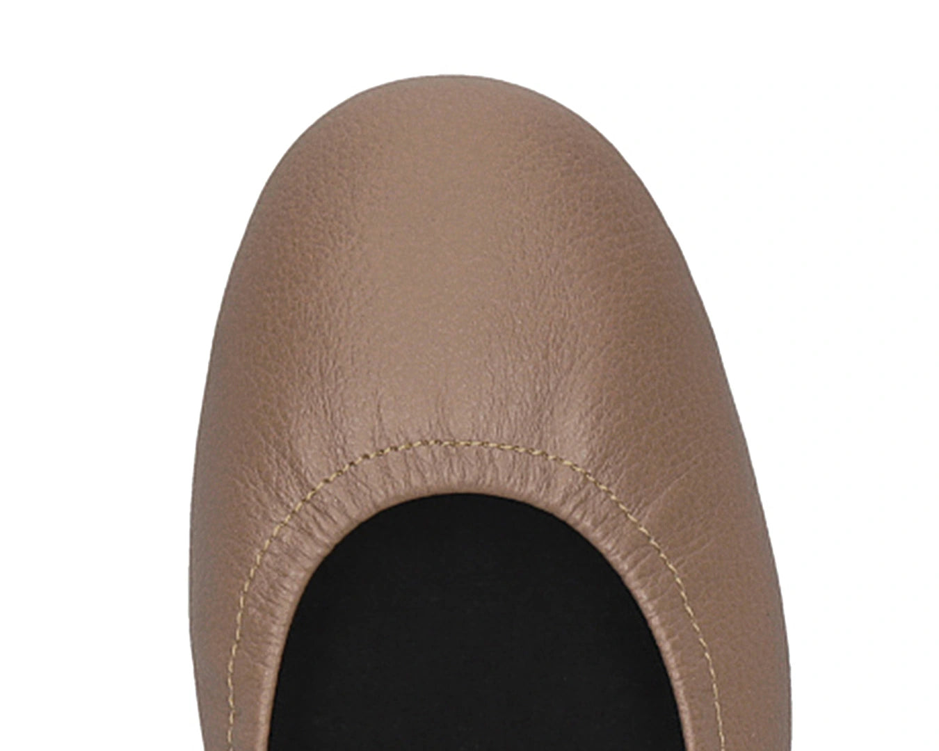 Close-up of the full-grain leather on Clay Ballet Flats with removable BLACK FlexiComfort orthotic for flat feet.
