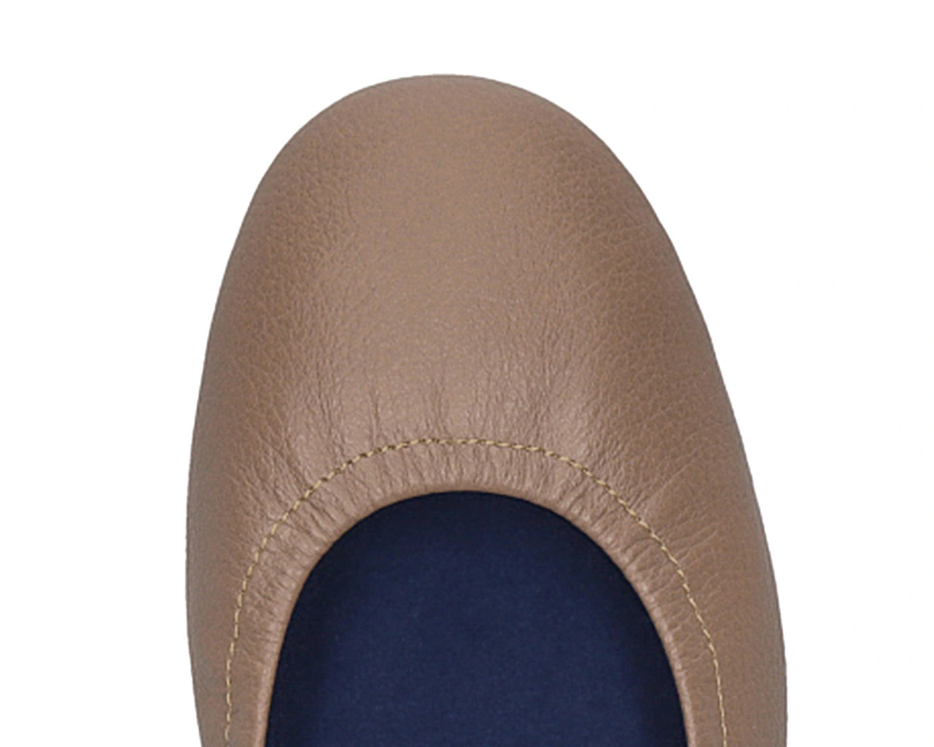 Close-up of full-grain leather on Clay Ballet Flats with removable BLUE ComfortFlex orthotic for feet without problems.