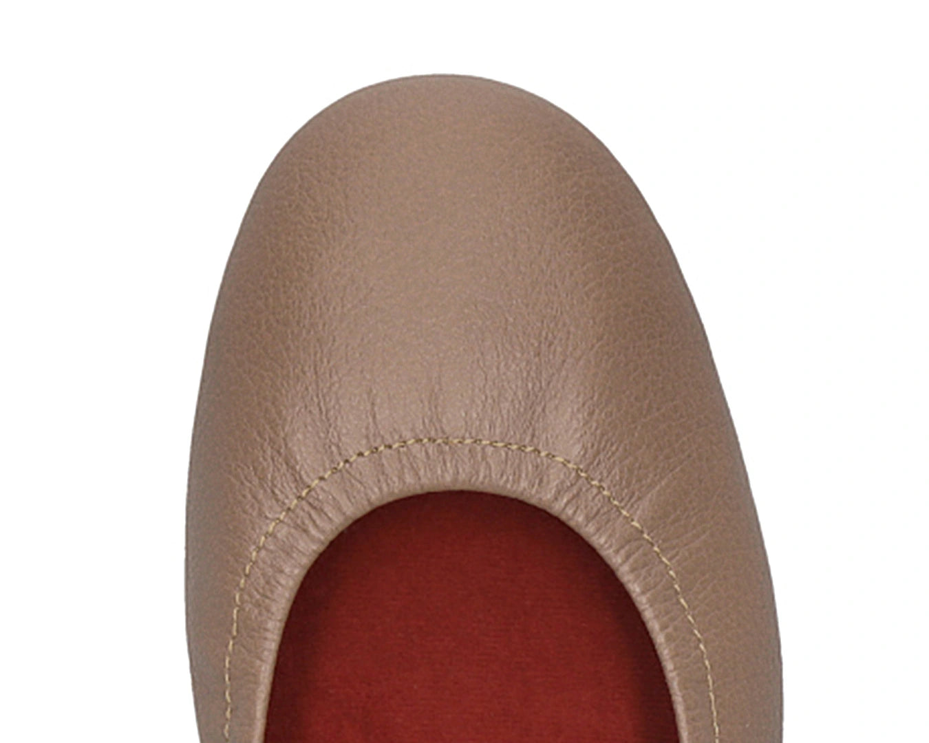 Close-up of the full-grain leather on Clay Ballet Flats with removable RED ArchSupport orthotic for flat feet, calcaneal spurs, and plantar fasciitis.