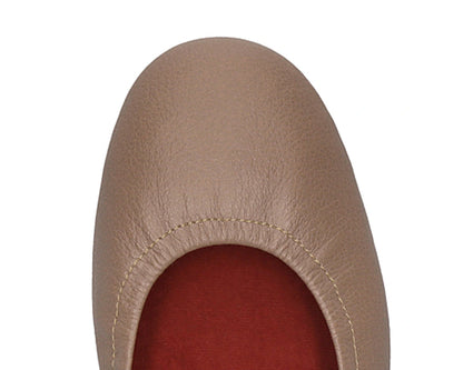 Close-up of the full-grain leather on Clay Ballet Flats with removable RED ArchSupport orthotic for flat feet, calcaneal spurs, and plantar fasciitis.