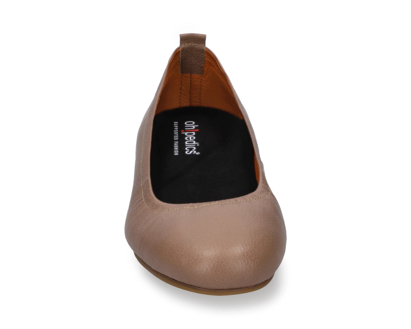 Front view of Clay Full-Grain Leather Ballet Flats with a semi-round toe and BLACK FlexiComfort orthotic for flat feet.