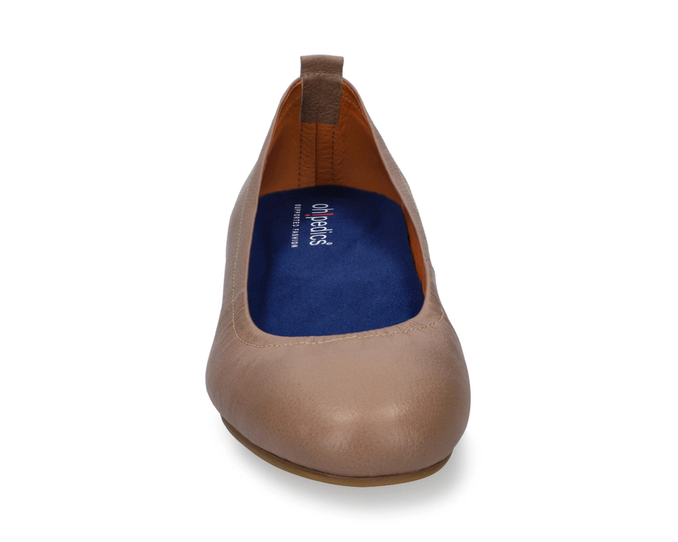 Front view of Clay Full-Grain Leather Ballet Flats with a semi-round toe and BLUE ComfortFlex orthotic for feet without problems.