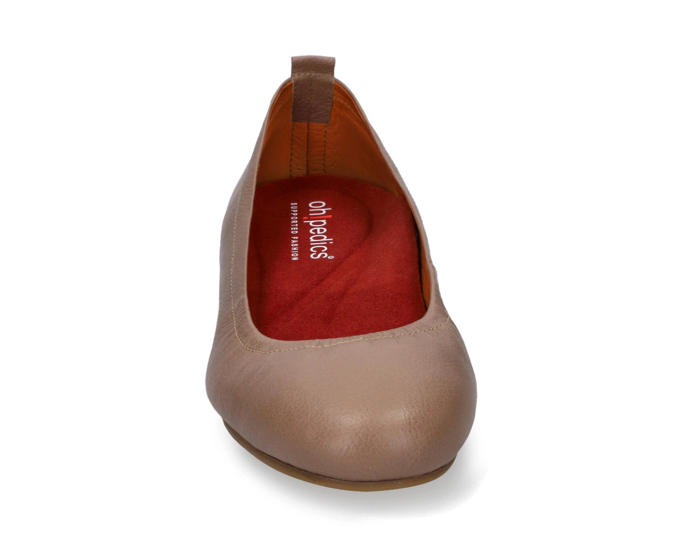 Front view of Clay Full-Grain Leather Ballet Flats with a semi-round toe and RED Arch Support orthotic for flat feet, calcaneal spurs, and plantar fasciitis.