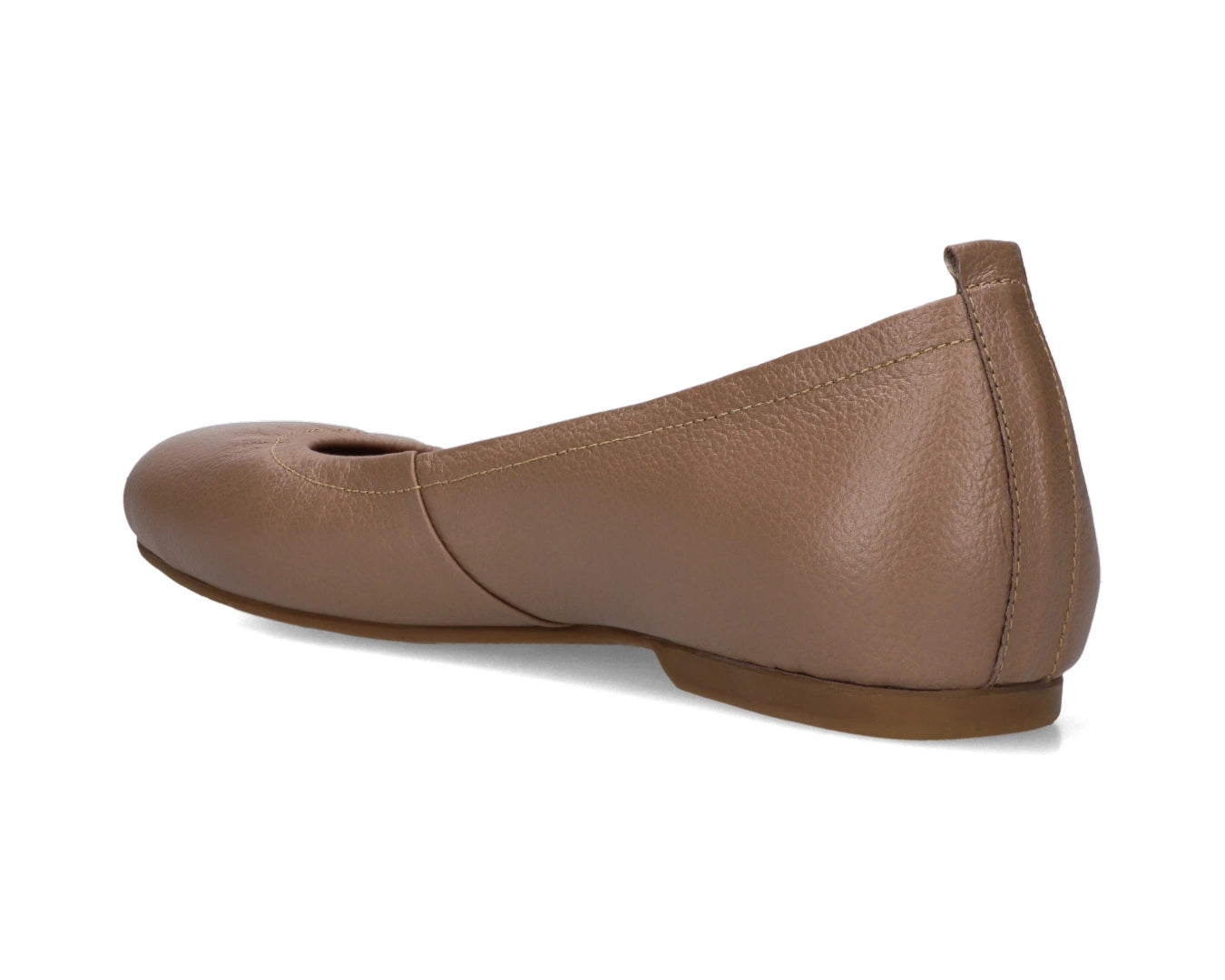 Three-quarter back view of Clay Full-Grain Leather Ballet Flats with a semi-round toe.