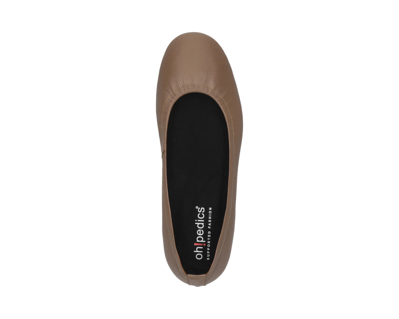 Top view of Clay Full-Grain Leather Ballet Flats with a semi-round toe and removable BLACK FlexiComfort orthotic for flat feet.