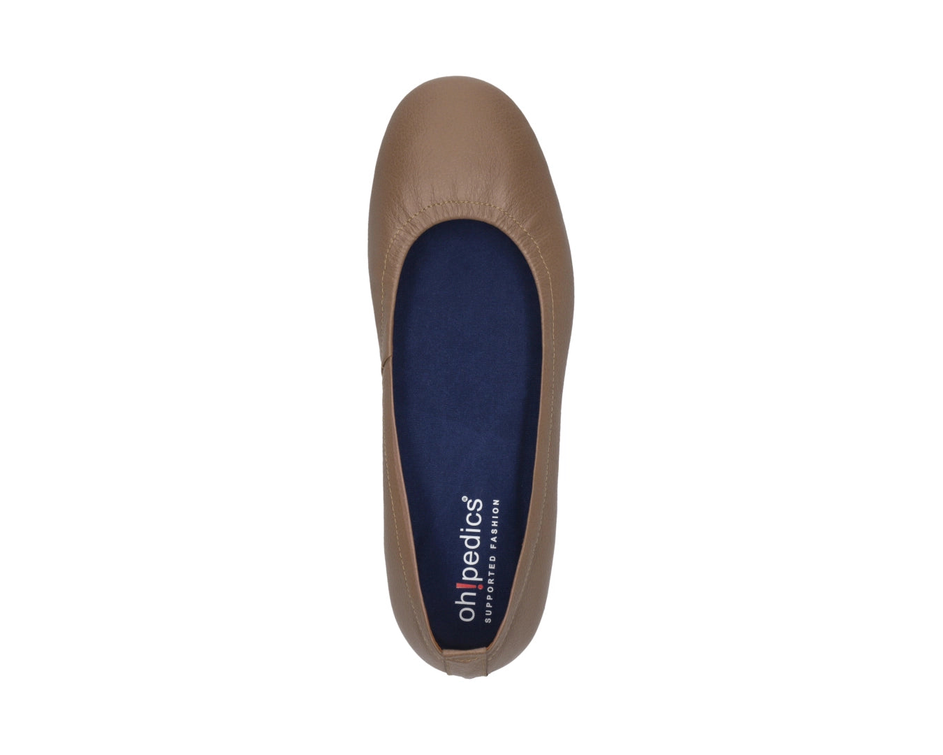Top view of Clay Full-Grain Leather Ballet Flats with a semi-round toe and BLUE ComfortFlex orthotic for feet without problems.