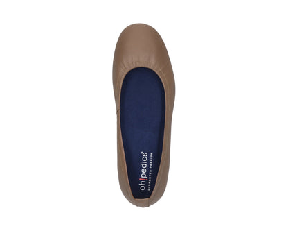 Top view of Clay Full-Grain Leather Ballet Flats with a semi-round toe and BLUE ComfortFlex orthotic for feet without problems.
