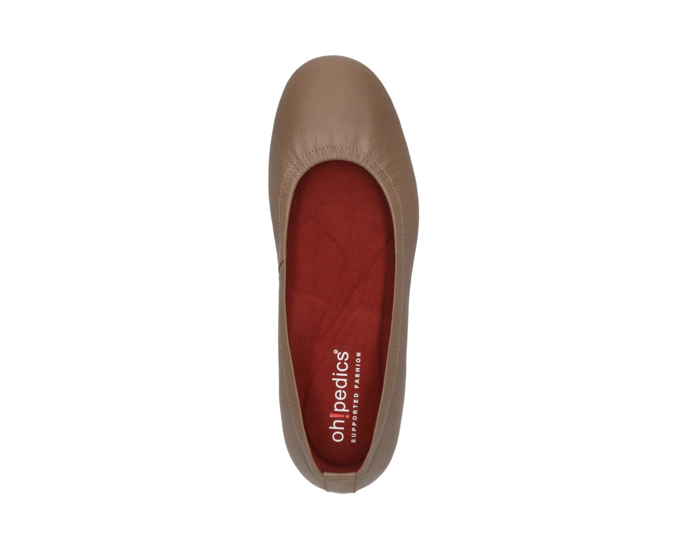 Top view of Clay Full-Grain Leather Ballet Flats with a semi-round toe and RED ArchSupport orthotic for flat feet, calcaneal spurs, and plantar fasciitis.