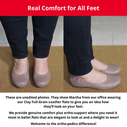 Martha from our office wearing Clay Full Grain leather orthopedic ballet flats, showing a front and side view. The image also includes descriptive text highlighting the genuine comfort, ortho-support, and elegant style of these flats.