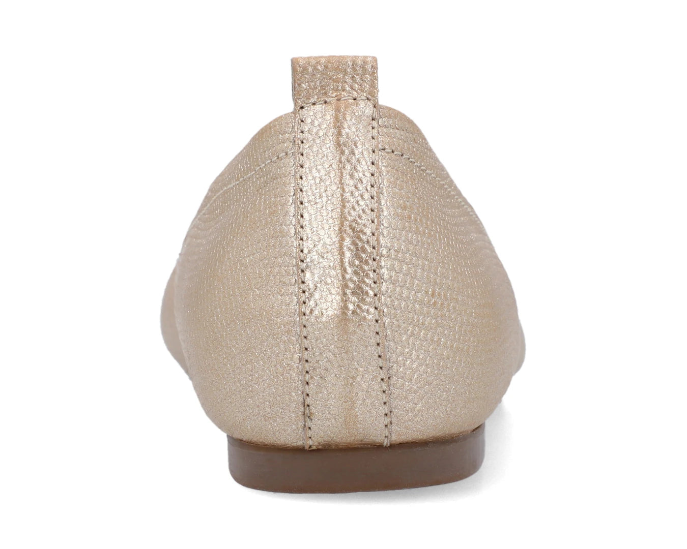 Back view of gold wild-embossed full grain leather ballet flats showing the leather texture.