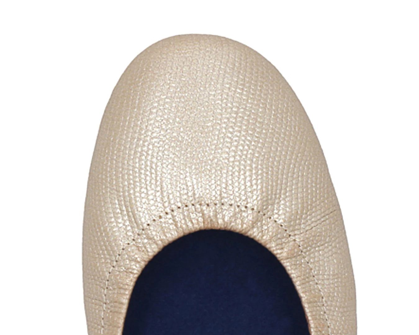 Close-up of gold wild-embossed full-grain leather ballet flats featuring a  removable BLUE ComfortFlex orthotic for feet without problems.