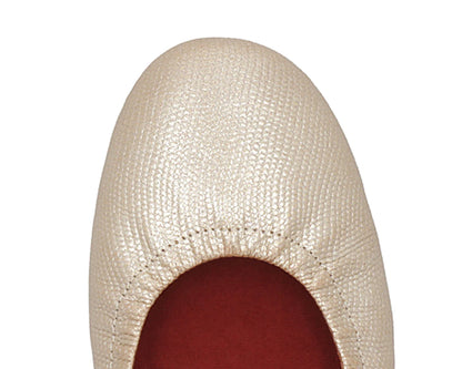 Close-up of gold wild-embossed full-grain leather ballet flats featuring a removable RED ArchSupport orthotic, designed for flat feet, calcaneal spurs, and plantar fasciitis.