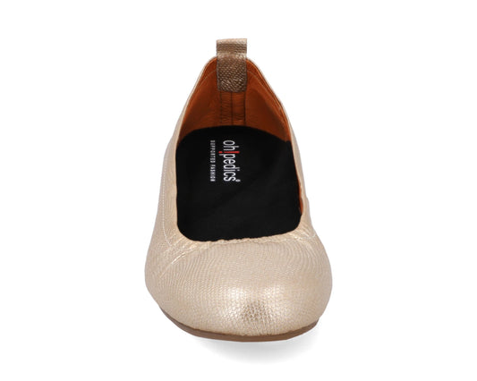 Front view of gold wild-embossed full grain leather ballet flats with a semi-round toe and BLACK FlexiComfort orthotic for flat feet.