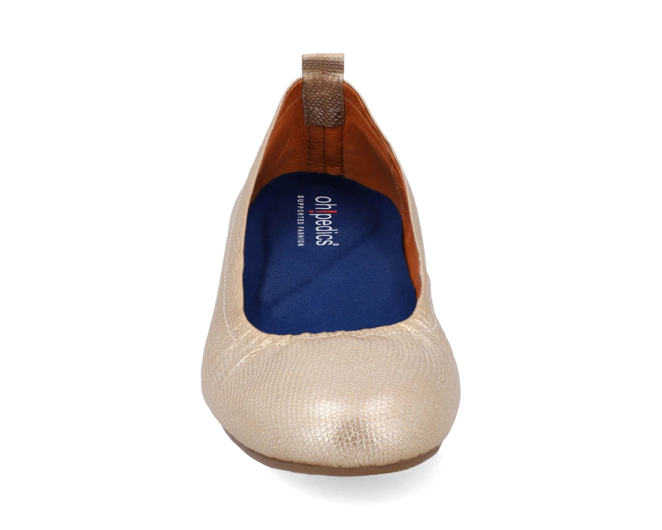 Front view of gold wild-embossed full grain leather ballet flats with a semi-round toe and BLUE ComfortFlex orthotic for feet without problems.