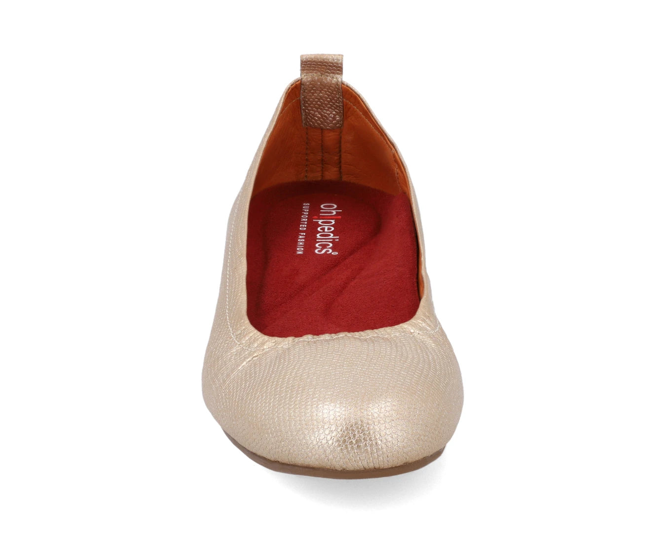 Front view of gold wild-embossed full grain leather ballet flats with a semi-round toe and RED Arch Support orthotic for flat feet, calcaneal spurs, and plantar fasciitis.