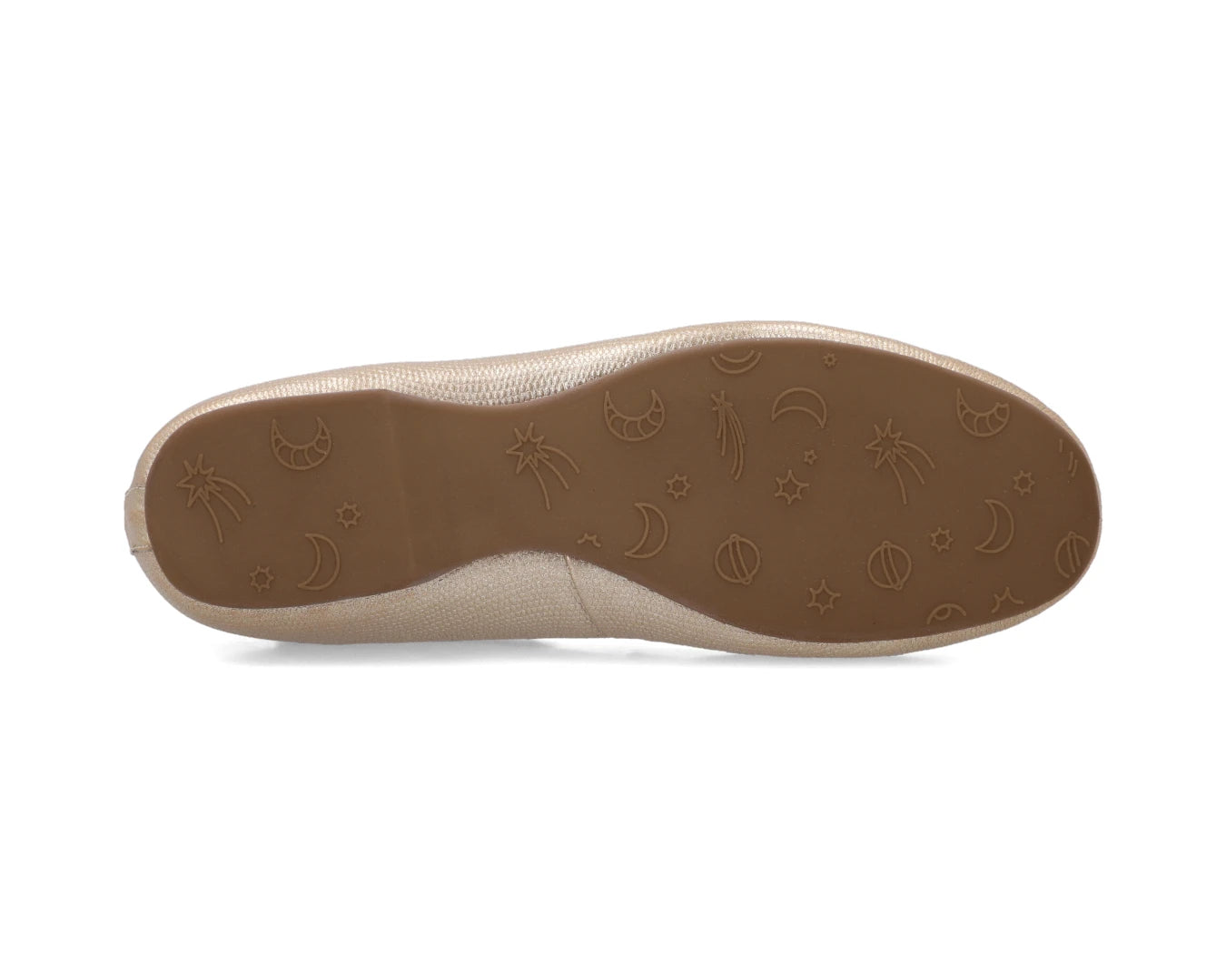 Sole view of gold wild-embossed gull grain leather ballet flats showing the one-piece rubber sole.