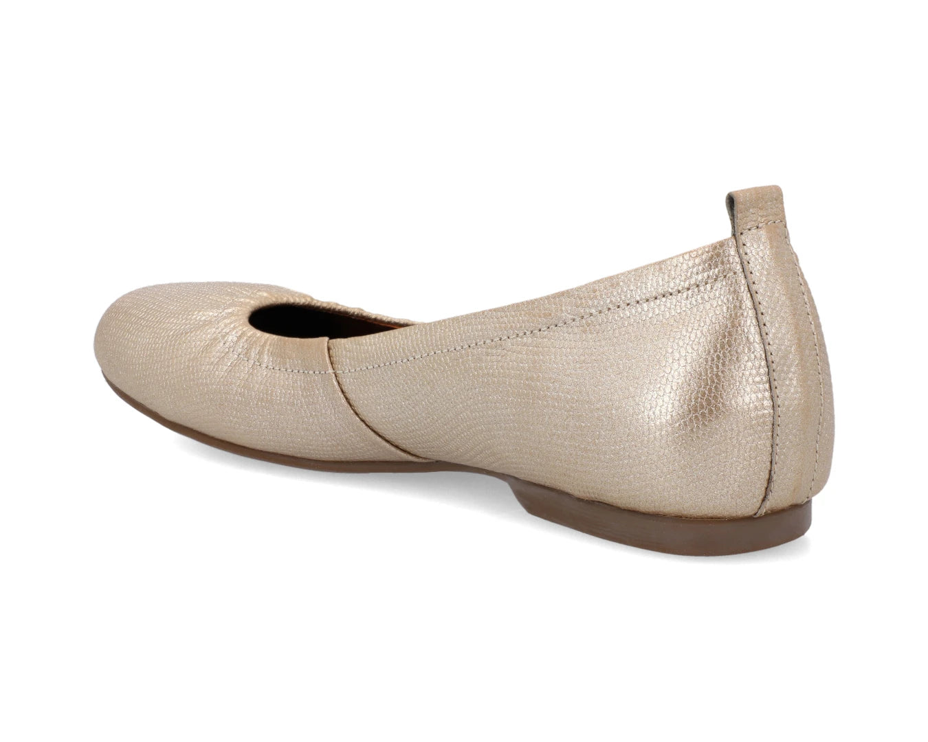 Three-quarter back view of gold wild-embossed full grain leather ballet flats with a semi-round toe.