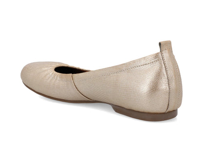 Three-quarter back view of gold wild-embossed full grain leather ballet flats with a semi-round toe.