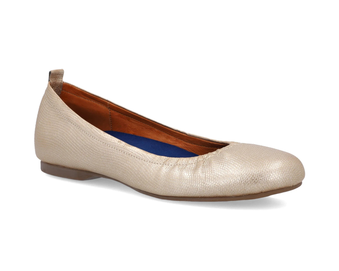 Three-quarter front view of gold wild-embossed full grain leather ballet flats with a semi-round toe and removable BLUE ComfortFlex orthotic for feet without problems.