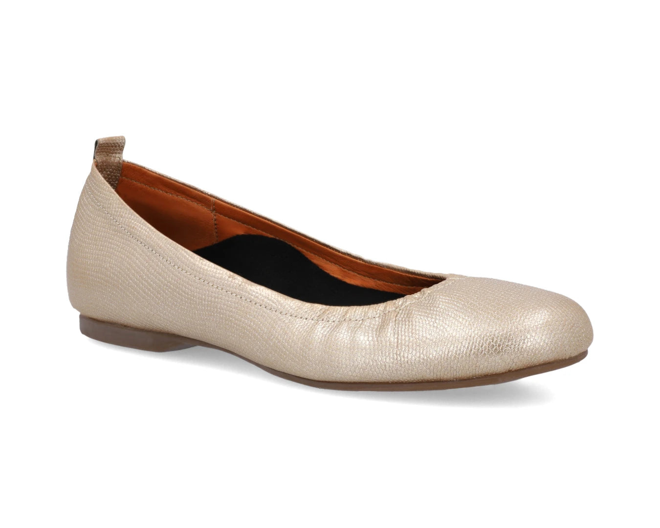Three-quarter front view of gold wild-embossed full grain leather ballet flats with a semi-round toe and removable BLACK FlexiComfort orthotic for flat feet.